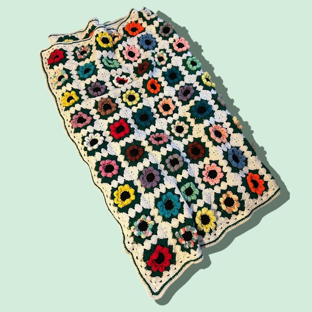 Boho Crochet Throw Blanket Vintage Granny Square Afghan Cottagecore multicolor - Picture 4 of 8